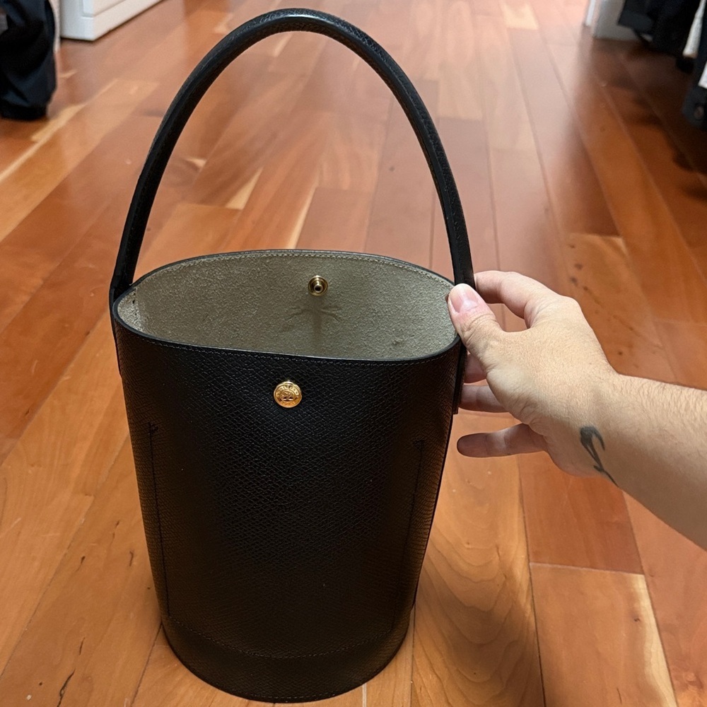 Longchamp Black Bucket Bag with Cream Interior